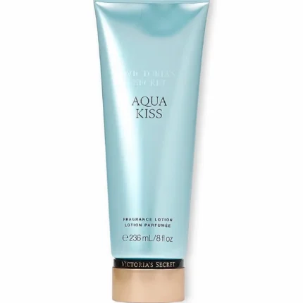 Botella de loción corporal hidratante Aqua Kiss con diseño azul de Victoria's Secret.