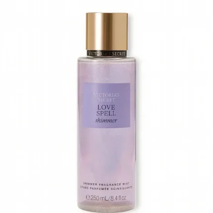 Botella de spray corporal con brillos Love Spell Shimmer de Victoria's Secret.